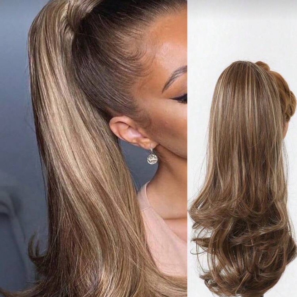 Drawstring Ponytail Long Curly Fake Pony Tail Long 14 Inch Brown Highlight Light